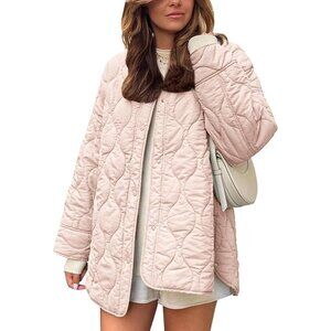 Women's Clothes Jacket Puffer Light Pink Zip Pocket Button Down Padded Outerwear